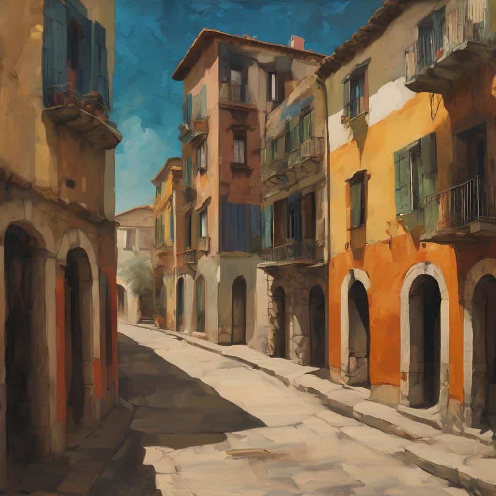 Θέα ονειρική γειτονιά με πολύχρωμα παλιά κτήρια και πλακόστρωτο δρόμο, εμπνευσμένη από οράματα και όνειρα.