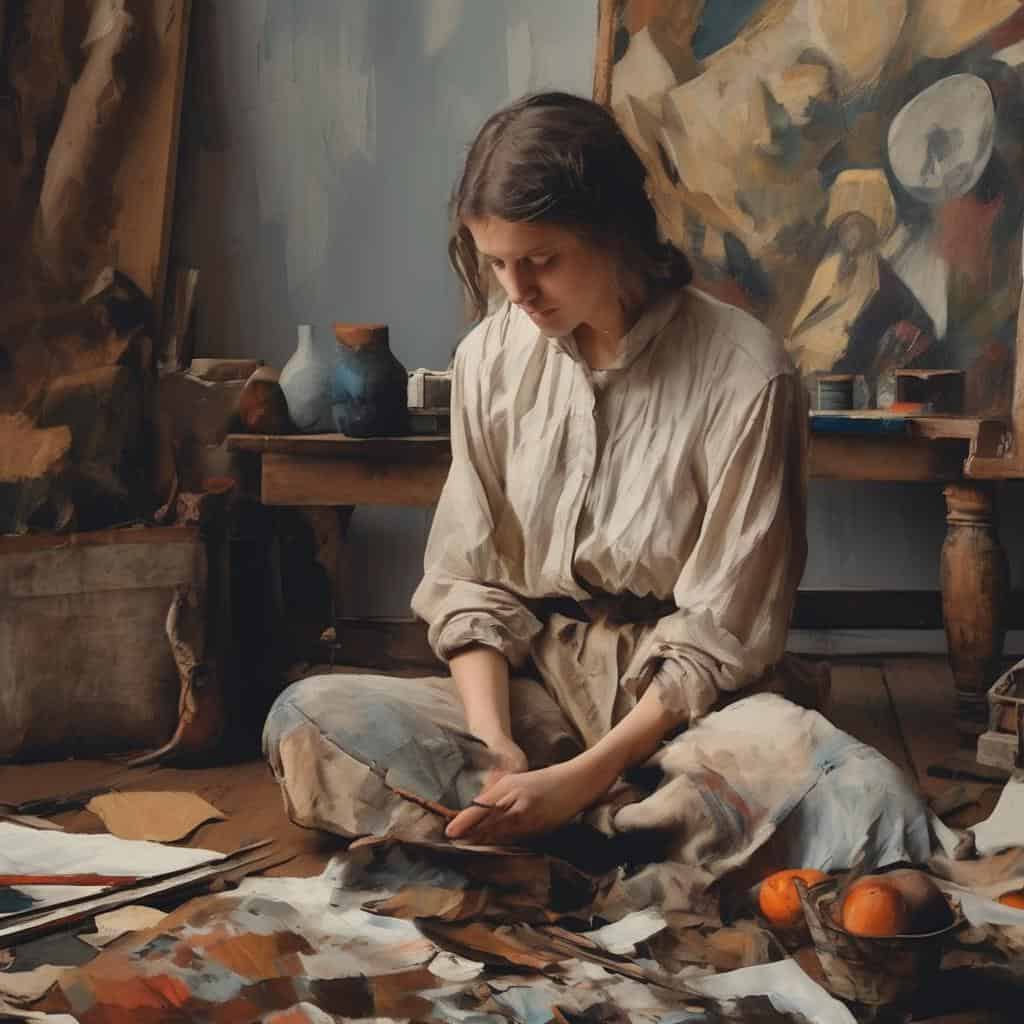 νεαρή γυναίκα ζωγράφος, πίνακες τέχνης, δημιουργικό στούντιο, τέχνη και όνειρα, έμπνευση και οπτική τέχνη.