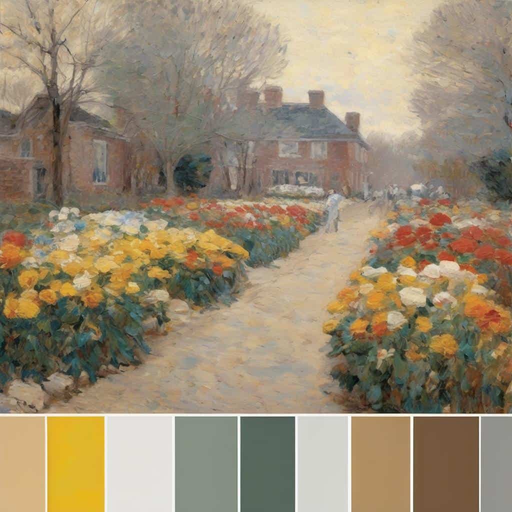 λουλούδια σε χωράφι με σπίτια και δέντρα, συναισθηματική ζωγραφική με όνειρο, οπτική έμπνευση, τέχνη και φύση, εικαστική απεικόνιση, δημιουργικότητα, το όνειρο και η τέχνη, ζωγραφική τοπίου, ενστικτώδης έμπνευση, καλλιτεχνική απόδοση.